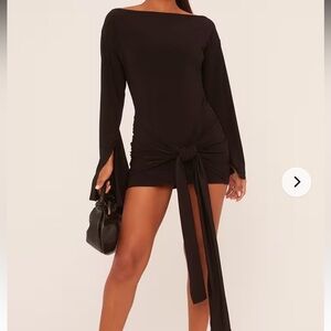 EGO Long Flared Sleeve Drape Detail Mini Bodycon Dress In Black UK10